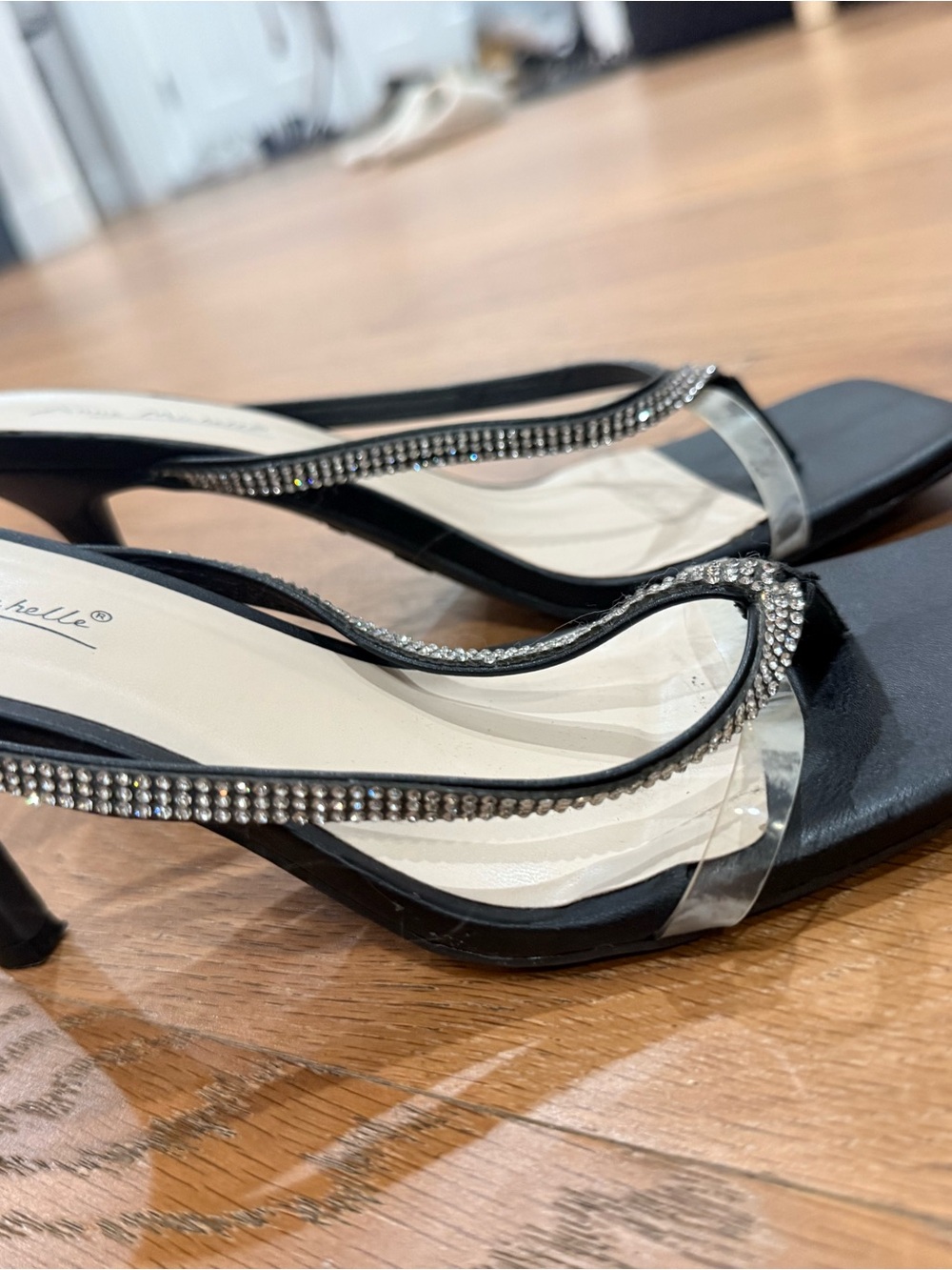 Amazon Black Heeled Sandals with Rhinestone and Clear Straps